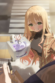 1boy 1girl absurdres applepie_(12711019) black_sweater blonde_hair blurry blurry_background blush box brown_coat cake coat crosswalk dark_skin food gojou_wakana gradient_hair green_eyes highres holding holding_box kitagawa_marin long_hair looking_at_viewer multicolored_hair outdoors plaid_clothes plaid_coat plaid_skirt pov road skirt smile sono_bisque_doll_wa_koi_wo_suru straight_hair street sweater very_long_hair
