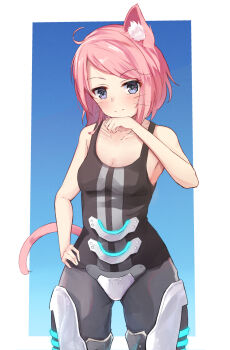 1girl ahoge alternate_eye_color animal_ear_fluff animal_ears bare_arms bare_shoulders black_tank_top blue_background border breasts cat_ears cat_girl cat_tail cleavage collarbone commentary english_commentary exoskeleton gabriella_(project_feline) gradient_background grey_eyes grey_pants grey_tank_top hand_on_own_hip hand_up highres looking_at_viewer medium_hair messy_hair outside_border pants parted_lips pink_hair project_feline shuuzo3 single_animal_ear small_breasts smile solo swept_bangs tail tank_top thick_thighs thighs two-tone_tank_top vertical-striped_tank_top whiskers white_border wide_hips