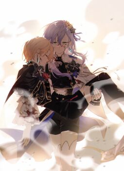 2girls black_thighhighs bleeding blonde_hair blood blood_on_clothes blood_on_face buttons capelet carrying commission cropped_jacket cuts dust earrings glasses green_eyes grey_hair hair_ornament hair_over_shoulder heaven_burns_red highres injury izumi_yuki_(heaven_burns_red) jewelry kayamori_ruka long_hair multiple_girls princess_carry round_eyewear second-party_source short_hair smoke thighhighs torn_clothes white_thighhighs xunyu_(manyu) yuri