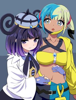2girls :o aqua_hair bandeau belt belt_buckle black_dress black_hair blonde_hair blunt_bangs blush bob_cut buckle canari_(pokemon) closed_mouth coat commentary_request cropped_jacket dark-skinned_female dark_skin dress eyelashes gloves gradient_hair gwynn_(pokemon) hat highres hug jacket long_sleeves looking_at_another looking_at_viewer mamiyama midriff multicolored_hair multiple_girls navel nintendo o-ring o-ring_belt open_clothes open_coat open_jacket open_mouth partially_fingerless_gloves pokemon pokemon_legends:_z-a purple_eyes purple_hair short_hair simple_background twintails white_coat wide_sleeves yellow_bandeau yellow_jacket yuri