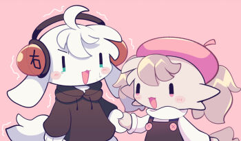 1boy 1girl ahoge animal_ears animal_hands artist_self-insert babichao bayachao beret black_hoodie black_overalls brown_fur chibikemo commentary_request deformed dog_boy dog_ears dog_girl dog_tail furry furry_female furry_male furry_with_furry hat headphones hetero holding_hands hood hoodie makemon! official_art overalls pawpads pink_background pochi_(makemon!) red_hat simple_background smile tail white_fur