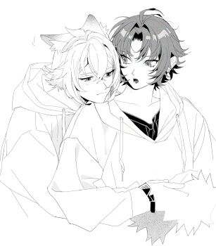 Rule 34 | 2boys, absurdres, animal ear fluff, animal ears, asaba harumasa, closed mouth, collarbone, commentary, crew neck, cropped torso, double-parted bangs, drawstring, ears down, frown, hair behind ear, hair between eyes, highres, hood, hood down, hoodie, hug, hug from behind, long sleeves, looking at another, looking to the side, male focus, multiple boys, open mouth, parted bangs, pd honey, seth lowell, shirt, simple background, symbol-only commentary, tail, upper body, white background, yaoi, zenless zone zero