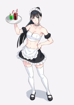 Rule 34 | 1girl, apron, bare shoulders, black skirt, breasts, commentary request, crop top, cup, drinking glass, drinking straw, food, frilled apron, frills, full body, hand on own hip, highres, holding, holding tray, ice cream, ice cream float, looking at viewer, maid, maid apron, maid headdress, mary janes, medium breasts, midriff, navel, original, shoes, simple background, skirt, smile, solo, standing, thighhighs, tray, waist apron, white apron, yuuji (and)