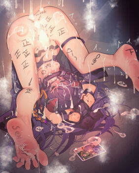 1girl absurdres aftersex barefoot bdsm blush body_writing bondage bound braid breasts bukkake commission cum cum_in_pussy cum_on_body cum_overflow duel_monster english_text full_body highres ib_(yu-gi-oh!) ib_the_world_chalice_justiciar knightmare_corruptor_iblee knightmare_goblin knightmare_mermaid long_hair lying_upside-down photo_(object) pixiv_commission purple_hair restrained ro_g_(oowack) single_braid small_breasts solo tally treble_clef trembling yu-gi-oh!