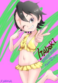 1girl bikini black_hair breasts character_name cleavage collarbone copyright_name dot_nose double_v feet_up female_focus fingernails foot_out_of_frame frilled_bikini frills green_background grey_eyes grin head_tilt itadori_(kunoichi_tsubaki_no_mune_no_uchi) kunoichi_tsubaki_no_mune_no_uchi loli looking_at_viewer navel one_eye_closed outstretched_arm purple_background rurito0725 scar scar_on_face scar_on_forehead short_hair simple_background small_breasts smile solo standing standing_on_one_leg swimsuit teeth tomboy two-tone_background v variant_set yellow_bikini
