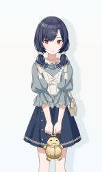 Rule 34 | 1girl, alternate hairstyle, bag, blue hair, hair ornament, hairclip, handbag, idolmaster, idolmaster shiny colors, low twintails, morino rinze, official art, red eyes, skirt, solo, twintails