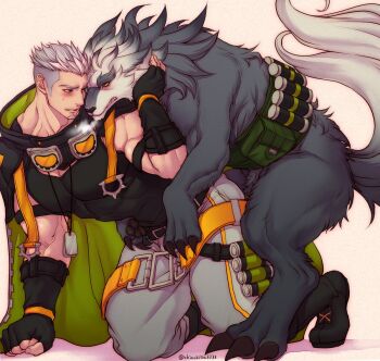 1boy all_fours artist_name bara bestiality black_gloves blush chillasan claws clenched_teeth commentary_request dog_tags fingerless_gloves gloves grey_(gyee) gyee jewelry looking_at_another miles_(gyee) multicolored_hair muscular muscular_male necklace sweatdrop teeth twitter_username white_background wolf yaoi