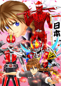 Rule 34 | blue eyes, braid, brown hair, climax form, crossover, duo maxwell, gundam, gundam wing, kamen rider, luna rune, momotaros, parody, pink background, sword, sword form, toshihiko seki, weapon