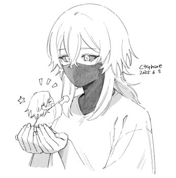 Rule 34 | 2girls, artist name, black sclera, centuria (manga), chibi, chibi inset, colored sclera, commentary request, ctqnue, dated, diana (centuria), holding chibi, mask, medium hair, monochrome, mouth mask, multiple girls, ninja mask, single tear, wolf cut, zana (centuria)