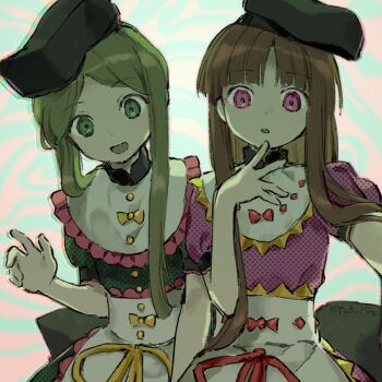 2girls apron black_hat brown_hair commentary dress green_dress green_eyes green_hair hat kaigen_1025 long_hair looking_at_viewer multiple_girls nishida_satono open_mouth parted_bangs pink_dress pink_eyes puffy_short_sleeves puffy_sleeves short_sleeves teireida_mai touhou upper_body white_apron