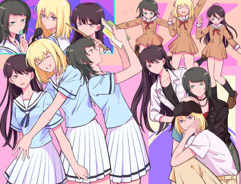 Rule 34 | 3girls, absurdres, arm up, bang dream!, bang dream! it's mygo!!!!!, baseball cap, black choker, black hair, black hat, black jacket, blonde hair, blue eyes, blue shirt, book, brown dress, brown skirt, chichimic, choker, closed eyes, closed mouth, commentary, commission, dress, drumsticks, earrings, grey skirt, hair between eyes, hanasakigawa school uniform, hand on another's head, hat, highres, holding, holding book, holding drumsticks, holding microphone, holding plectrum, hug, jacket, jewelry, jumping, long hair, looking at viewer, microphone, misumi uika, mole, mole under eye, multiple girls, necklace, open book, open mouth, pleated skirt, plectrum, purple eyes, sailor collar, sailor dress, school uniform, second-party source, serafuku, shiina taki, shirt, short sleeves, single earring, skirt, white sailor collar, white shirt, white skirt, yahata umiri