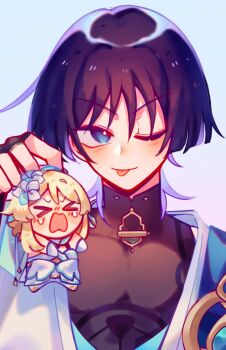 &gt;_&lt; 1boy 1girl alphastroo black_bodysuit black_bridal_gauntlets blonde_hair blue_cape blue_eyes blue_feathers blue_flower blue_gemstone blue_kimono blue_trim blunt_ends blush bodysuit bridal_gauntlets bright_pupils cape choppy_bangs closed_eyes detached_sleeves dress eyeliner eyeshadow facing_another feather_hair_ornament feathers flower gem genshin_impact gold gold_ring hair_flower hair_ornament highres holding holding_mini_person japanese_clothes juban kimono looking_at_viewer lumine_(genshin_impact) makeup mandarin_collar middle_ring mini_person minigirl multicolored_flower one_eye_closed open_mouth outstretched_arms purple_hair red_eyeliner red_eyeshadow scaramouche_(genshin_impact) scarf short_hair short_hair_with_long_locks shoulder_peek sidelocks tears tongue tongue_out tsurime v-shaped_eyebrows vision_(genshin_impact) wanderer_(genshin_impact) white_background white_dress white_flower white_kimono white_pupils white_scarf white_sleeves