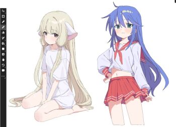 2girls :3 ahoge android arm_between_legs blonde_hair blue_hair blush brown_eyes chii chobits collarbone commentary_request crop_top green_eyes hair_between_eyes hair_tubes hand_on_own_hip izumi_konata korean_commentary kyamimasita long_hair long_sleeves looking_at_viewer low-tied_sidelocks lucky_star magma_(medium) messy_hair midriff_peek mole mole_under_eye multiple_girls navel neckerchief oversized_clothes oversized_shirt pleated_skirt red_neckerchief red_sailor_collar red_skirt robot_ears sailor_collar school_uniform shirt short_sleeves sidelocks sitting skirt stomach striped_clothes thighs very_long_hair wariza white_background white_shirt