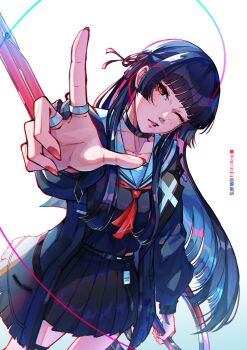 1girl black_hair black_jacket black_serafuku black_shirt black_skirt breasts chisa_(wuthering_waves) commentary fingernails hair_ribbon highres holding holding_sword holding_weapon jacket kenn_arts long_hair long_sleeves looking_at_viewer medium_breasts nail_polish neckerchief one_eye_closed parted_lips red_eyes red_nails red_neckerchief red_ribbon ribbon sailor_collar school_uniform serafuku shirt skirt solo sword thighs very_long_hair weapon white_sailor_collar wuthering_waves