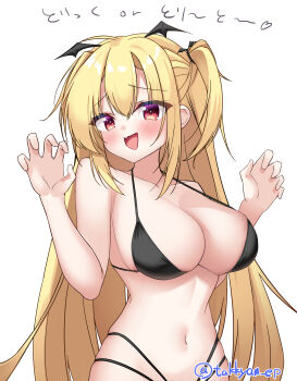 1girl :d absurdres ahoge alternate_costume arihara_nanami bat_wings bikini black_bikini blonde_hair blush breasts claw_pose cleavage collarbone commentary eyes_visible_through_hair fake_wings fang furrowed_brow hair_between_eyes halloween halterneck hands_up head_wings heart highres large_breasts long_hair looking_at_viewer multi-strapped_bikini_bottom navel open_mouth red_eyes riddle_joker sidelocks simple_background skin_fang skindentation smile solo stomach straight_hair swimsuit takkyan translated twitter_username two_side_up upper_body very_long_hair white_background wings