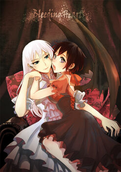 2girls demon_wings dress english_text frilled_dress frills green_eyes hand_on_another&#039;s_shoulder kuma_(bloodycolor) long_hair multiple_girls open_mouth purple_eyes red_scarf ruby_rose rwby scar scar_on_face scarf short_hair sitting sitting_on_person weiss_schnee white_dress wings yuri