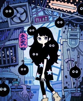 1girl barred_window bars black_dress black_hair black_leggings blob blunt_bangs boots bright_pupils broom bucket cable cinder_block closed_mouth commentary_request creature dot_mouth dot_nose dress fluorescent_lamp garouma gloves grey_boots highres industrial_pipe key ladder lantern leggings long_hair looking_to_the_side original paper_lantern print_dress purple_eyes short_sleeves signature solo star_(symbol) star_print translation_request trash_can unworn_gloves walking wavy_hair white_pupils