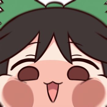 1girl :3 bird_girl black_hair brown_eyes cheek_press green_ribbon hachimedes hair_between_eyes hair_ribbon happy looking_at_viewer motion_blur open_mouth parted_bangs puffy_cheeks reiuji_utsuho ribbon screen shaded_face simple_background smile torn_clothes torn_ribbon touhou white_background