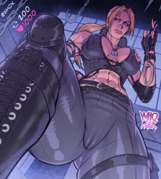 1girl artist_logo artist_name black_boots black_gloves black_pants blonde_hair blue_eyes boots breasts cameltoe cleavage commentary cuffs dog_tags english_commentary fingerless_gloves gloves handcuffs highres holding holding_handcuffs large_breasts like_and_retweet logo long_hair long_sleeves looking_at_viewer mortal_kombat_(series) pants ponytail solo sonya_blade whox