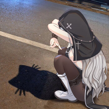 1girl boots breasts cat_shadow_puppet_(meme) highres large_breasts long_hair meme nun nun_headdress original pantyhose shadow sideboob solo white_boots white_hair yougenko