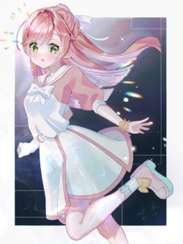 Rule 34 | 1girl, :o, bow, bowtie, casual, collared dress, commentary, dispersion (optics), dress, green eyes, hair bun, hair ribbon, highres, hirogaru sky! precure, kasumi kujira, leg up, long hair, long sleeves, looking at viewer, medium dress, nijigaoka mashiro, open mouth, pink dress, pink hair, pink shoes, precure, ribbon, sailor collar, scrunchie, shoes, single hair bun, socks, solo, sparkle, standing, standing on one leg, twitter username, two-tone dress, white bow, white bowtie, white dress, white ribbon, white sailor collar, white socks, wrist scrunchie