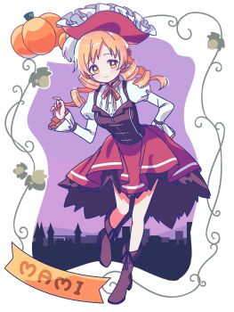 1girl absurdres alternate_costume black_vest blonde_hair blush boots brown_boots character_name closed_mouth commentary_request drill_hair frilled_hat frills full_body hand_up hat highres juliet_sleeves long_hair long_sleeves looking_at_viewer mahou_shoujo_madoka_magica neck_ribbon orange_ribbon puffy_sleeves pumpkin red_hat red_skirt ribbon ruru_(rurumagi) shirt skirt smile solo standing tomoe_mami twin_drills vest white_shirt yellow_eyes