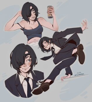 1girl arm_behind_head black_hair black_jacket black_necktie black_pants black_suit black_tank_top blush breasts brown_shoes can ccattnipp chainsaw_man cleavage closed_eyes closed_mouth collared_shirt crop_top cropped_torso drink_can drunk eyepatch formal_clothes full_body grey_background grey_eyes hair_over_one_eye highres himeno_(chainsaw_man) holding holding_can jacket medium_breasts midriff multiple_views necktie pants parted_lips shirt shoes short_hair signature smile solo strap_slip suit suit_jacket tank_top twitter_username white_shirt