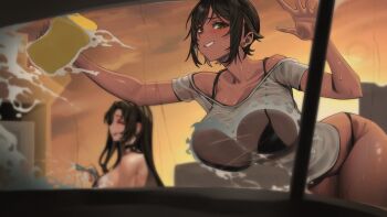 Rule 34 | 2girls, against glass, bikini, bikini under clothes, black bikini, breast press, breasts, brown hair, commentary request, highres, holding, holding hose, holding sponge, hose, korean commentary, large breasts, limbus company, long hair, looking at viewer, multiple girls, outis (project moon), project moon, rhlatm, see-through clothes, shirt, short hair, sponge, swimsuit, washing vehicle, white shirt, yellow eyes