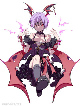 1girl :/ alternate_costume arm_bow arm_ribbon armband arms_up bat_(animal) black_armband black_corset black_shoes black_skirt black_socks black_trim bow camisole check_clothing closed_mouth clothing_request collarbone commentary_request corset darkstalkers demon_girl demon_wings frilled_armband frills futa_yuri_ryona gold_cross gold_trim hair_between_eyes head_wings highres knee_up lilith_(darkstalkers) overlighting piercing pink_hair red_bow red_eyes red_ribbon ribbon shoes short_hair simple_background sitting skirt skirt_bow socks solo swept_bangs white_background white_camisole wing_piercing wings