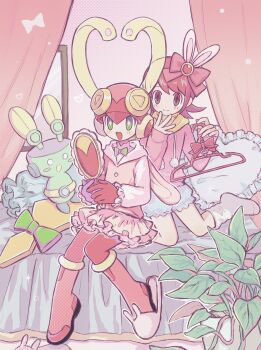 2girls blonde_hair ci_luo_oul dress full_body green_eyes heart helmet highres holding holding_mirror hood hoodie kneeling long_hair mayl_sakurai_(mega_man) mega_man_(series) mega_man_battle_network_(series) mirror mr._prog_(mega_man) multiple_girls pink_dress pink_helmet pink_hoodie red_eyes red_hair roll.exe_(mega_man) short_hair sitting sparkling_eyes