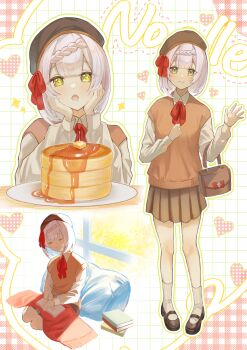 1girl :d :o absurdres blanket book bow bowtie character_name closed_mouth commentary_request food genshin_impact green_eyes hat heart highres long_sleeves looking_at_viewer multiple_views noelle_(genshin_impact) open_book open_mouth pancake pancake_stack pillow pleated_skirt red_bow red_bowtie shirt shoes short_hair skirt sleeping smile socks sweater_vest syrup tsuchinoko_(tuchituchi11) white_hair white_shirt white_socks