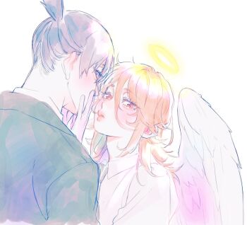 Rule 34 | 2boys, androgynous, angel devil (chainsaw man), angel wings, black hair, black jacket, black necktie, brown hair, chainsaw man, collared shirt, commentary, feathered wings, hair between eyes, halo, hand on another's cheek, hand on another's face, hayakawa aki, highres, jacket, long hair, looking at viewer, male focus, mookie000, multiple boys, necktie, parted lips, ponytail, red eyes, shirt, short hair, short ponytail, suit jacket, symbol-only commentary, traditional halo, upper body, white shirt, white wings, wings, yaoi