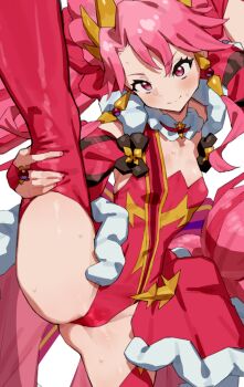 1girl ass blush breasts bridal_gauntlets closed_mouth commentary_request detached_sleeves earrings highleg highleg_leotard highres holding_own_leg jewelry leotard long_hair looking_at_viewer low-tied_long_hair magical_girl mo_(boo1719501boo) nail_polish pink_eyes pink_hair pink_nails princess_zeal princession_orchestra red_bridal_gauntlets red_leotard red_thighhighs shirube_kagari small_breasts solo split standing standing_on_one_leg standing_split strapless strapless_leotard sweat thighhighs twintails
