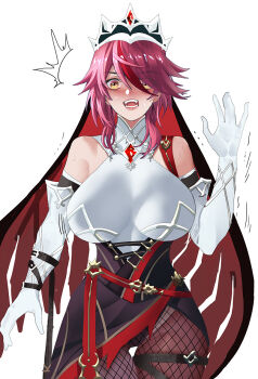 Rule 34 | 1girl, ^^^, bare shoulders, belt, bitter experience, blush, breasts, cowboy shot, dress, elbow gloves, eyes visible through hair, fangs, fishnet pantyhose, fishnets, genshin impact, gloves, hair over one eye, large breasts, looking at viewer, multicolored hair, nose blush, nun, open mouth, pantyhose, purple hair, red belt, red hair, rosaria (genshin impact), short hair, simple background, solo, standing, streaked hair, surprised, sweat, trembling, white background, white gloves, yellow eyes