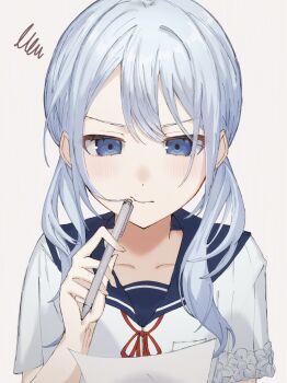 1girl blue_eyes blue_sailor_collar blush breast_pocket closed_mouth collarbone colors_of_pure_sense_(project_sekai) dot_nose facing_viewer grey_background hand_up highres holding holding_paper holding_pen long_hair looking_at_object low_twintails neck_ribbon official_alternate_costume official_alternate_hair_length official_alternate_hairstyle paper pen pen_to_mouth pocket project_sekai red_ribbon ribbon sailor_collar school_uniform serafuku shirt short_sleeves sidelocks simple_background soba_toro solo squiggle twintails upper_body white_hair white_shirt yoisaki_kanade