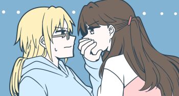 ... 2girls blonde_hair blue_eyes blue_hoodie brown_hair closed_mouth commentary_request covering_another&#039;s_mouth eye_contact fujishima_megumi fujishima_megumi_(winter_loungewear) glasses grey-framed_eyewear hand_over_another&#039;s_mouth hood hood_down hoodie link!_like!_love_live! long_hair long_sleeves looking_at_another love_live! mira-cra_park! multiple_girls osawa_rurino osawa_rurino_(winter_loungewear) potatopenggu profile sleeves_past_wrists two_side_up upper_body v-shaped_eyebrows virtual_youtuber yuri