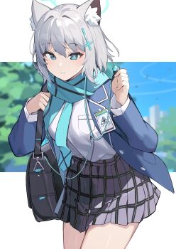 1girl animal_ear_fluff animal_ears aqua_scarf blue_archive blue_halo blue_jacket blue_scarf border commentary_request cross cross_hair_ornament earbuds earphones grey_hair grey_skirt hair_ornament halo highres holding_earbud id_card inverted_cross jacket long_sleeves mismatched_pupils pleated_skirt ryou_(ponpgo) scarf shiroko_(blue_archive) shirt shirt_tucked_in skirt solo white_border white_shirt wolf_ears wolf_girl
