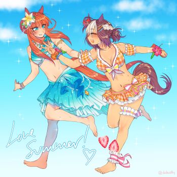 2girls absurdres andulcesilly animal_ears aqua_bikini aqua_sarong arm_garter bare_shoulders bikini bikini_skirt blue_eyes blue_sarong blunt_bangs blunt_tresses blush braid breasts brown_hair cleavage closed_eyes collarbone commentary crown_braid ear_flower english_commentary flower food frilled_bikini frills fruit gradient_bikini hair_flower hair_ornament highres horse_ears horse_girl horse_tail jewelry long_hair looking_at_another medium_breasts multicolored_hair multiple_girls navel official_alternate_costume official_alternate_hairstyle open_mouth orange_bikini orange_hair orange_tail plaid_bikini plaid_clothes sarong short_hair silence_suzuka_(emerald_on_the_waves)_(umamusume) silence_suzuka_(umamusume) smile special_week_(hopp&#039;n_happy_heart)_(umamusume) special_week_(umamusume) stomach strawberry swimsuit tail umamusume white_hair wrist_flower