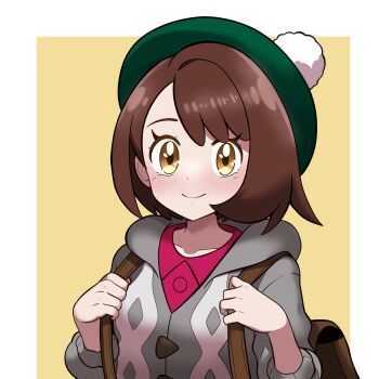 Rule 34 | 1girl, absurdres, backpack, bag, blush, brown bag, brown eyes, brown hair, cardigan, commentary, gloria (pokemon), green hat, grey cardigan, hat, highres, holding strap, hood, hooded cardigan, looking at viewer, muis0802, nintendo, pokemon, pokemon swsh, red shirt, shirt, short hair, simple background, smile, solo, symbol-only commentary, tam o' shanter, upper body, variant set, yellow background
