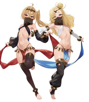 2girls absurdres anklet armlet bare_shoulders belly_dancing blonde_hair breasts circlet commentary_request dancer detached_sleeves full_body gem green_eyes hair_between_eyes hair_bun harem_outfit highres jewelry loincloth long_hair long_sleeves looking_at_viewer luciana_de_montefio multiple_girls navel open_mouth pelvic_curtain piper_wheel red_eyes see-through_clothes see-through_veil side_ponytail simple_background small_breasts smile socks stirrup_legwear stomach thighhighs toeless_legwear veil weimiaw white_background zenless_zone_zero