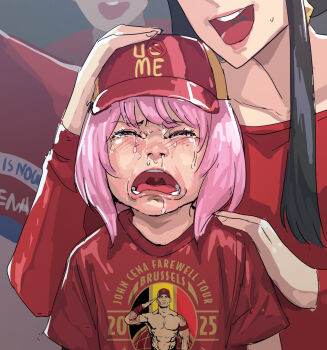 2girls absurdres anya_(spy_x_family) baseball_cap black_hair breasts brown_hair child cirenk crossover crying english_text hat highres john_cena long_hair long_sleeves mother_and_daughter multiple_girls muscular open_mouth pink_hair real_life red_sweater shirt short_hair spy_x_family sweater topless_male wrestler wrestling wrestling_outfit wwe yor_briar