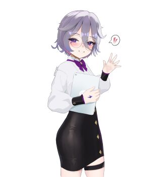 ! !! 1girl absurdres black_skirt gem gen.fleur glasses grey_hair highres holding holding_tablet_pc hololive hololive_english koseki_bijou pencil_skirt purple_eyes purple_gemstone round_eyewear shirt simple_background skirt solo speech_bubble spoken_exclamation_mark tablet_pc virtual_youtuber waving white_background white_shirt