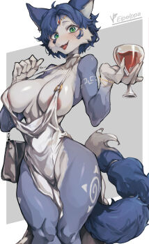 1girl absurdres animal_ears animal_nose areola_slip artist_name bag black_bag blue_hair breasts cup drinking_glass furry furry_female green_eyes highres holding holding_bag holding_cup iparupua krystal large_breasts looking_at_viewer nintendo open_mouth short_hair smile snout solo standing star_fox tail thighs