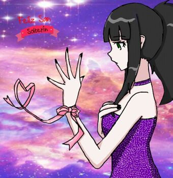 Rule 34 | 1girl, bare shoulders, black nails, blunt bangs, bow, breasts, choker, closed mouth, dress, female focus, green eyes, hand on own chest, heart, hildakayane, long hair, looking afar, medium breasts, nail polish, pichipichipitch, pink bow, ponytail, ribbon, self-upload, sidelocks, solo, strapless, strapless dress, upper body, wrist ribbon