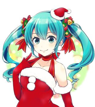 1girl bell blue_eyes blue_hair christmas christmas_wreath commentary_request dec_madoka dress earrings elbow_gloves fur-trimmed_dress fur-trimmed_gloves fur_trim gloves hair_ornament halter_dress halterneck hat hatsune_miku highres jewelry long_hair looking_at_viewer mini_hat mini_santa_hat pom_pom_(clothes) pom_pom_earrings santa_costume santa_dress santa_hat smile solo twintails upper_body vocaloid w wreath