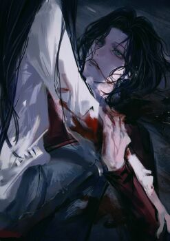 2girls absurdres bags_under_eyes black_hair blood blood_from_mouth blood_on_clothes blood_on_face blood_on_hands blue_pants commentary daiduo802 denim dying feet_out_of_frame gil_somyung girl_on_top green_eyes head_out_of_frame highres holding_another&#039;s_arm indoors jeans leaning_forward like_mother_like_daughter long_hair long_sleeves looking_up lying messy_hair mother_and_daughter multiple_girls murder on_back on_floor out_of_frame pants parted_lips pink_lips red_shirt shade shadow shirt short_hair sitting sitting_on_person somyung&#039;s_mother_(like_mother_like_daughter) spoilers symbol-only_commentary teeth upper_body white_shirt