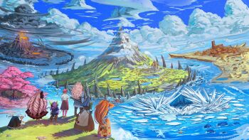 Rule 34 | 6+others, absurdres, ambiguous gender, benii21, castle, cloud, cloudy sky, commentary, commission, cumulonimbus cloud, desert, dungeons &amp; dragons, english commentary, giant tree, highres, ice spikes, landscape, long hair, mountain, multiple others, original, pink hair, purple hair, sea serpent, ship, short hair, sky, tree, veil, very long hair, volcano, watercraft, wavy hair