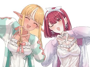 2girls blonde_hair blush bow bow_earrings bow_hairband braid breasts cardigan cleavage closed_eyes commentary criss-cross_halter dark-skinned_female dark_elf dark_skin dress earrings elf fang fingernails frilled_dress frills hair_behind_ear hairband halterneck head_tilt heart heart_earrings heart_hands highres hololive houshou_marine houshou_marine_(roomwear) jewelry large_breasts long_hair looking_at_viewer multicolored_hair multiple_girls official_alternate_costume one_eye_closed open_mouth pointy_ears purple_cardigan quilted_clothes red_eyes red_hair shino_12a shiranui_flare shiranui_flare_(loungewear) sidelocks simple_background single_braid skin_fang smile spaghetti_strap streaked_hair striped_cardigan symbol-only_commentary teeth upper_body upper_teeth_only virtual_youtuber white_background white_hair