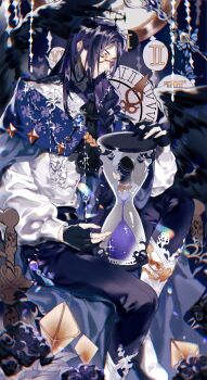 1boy 1girl absurdres analog_clock angel_wings armchair ascot beret black_ascot black_flower black_gloves black_hair black_halo black_hat black_rose black_wings blue_butterfly blue_cloak blue_gem boots braid brooch bug butterfly cardigan chair chibi chinese_commentary clarence_clayden clarence_clayden_(godheim) cloak clock closed_eyes closed_mouth commentary_request curtained_hair feathered_wings flower foot_out_of_frame gem gloves hair_over_shoulder halo hat heroine_(lovebrush_chronicles) highres holding_hourglass hourglass in_hourglass insect jewelry knee_up lishi817 long_hair long_sleeves lovebrush_chronicles male_focus mini_person minigirl monocle official_alternate_costume parted_bangs partially_fingerless_gloves puffy_long_sleeves puffy_sleeves purple_hair red_skirt roman_numeral rose shirt shirt_tucked_in single_braid sitting skirt spiked_halo white_boots white_cardigan white_shirt wings