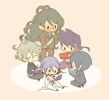 5boys ^_^ ahoge amami_rantaro arm_belt barefoot belt black_eyes black_jacket black_pants black_scarf black_shoes blazer blue_shirt blush_stickers brown_jacket brown_pants brown_suit bug_cage business_suit chain checkered_clothes checkered_scarf chibi closed_eyes closed_mouth coat collared_coat collared_jacket collared_shirt commentary_request crossed_ankles curious danganronpa_(series) danganronpa_v3:_killing_harmony dark-skinned_male dark_skin dress_pants dress_shoes eyelashes flame_print formal_clothes glasses gokuhara_gonta green_hair green_necktie grey-framed_eyewear grey_hair grey_pants hair_between_eyes hand_on_lap hand_on_own_chin hand_on_own_head handheld_game_console happy high_collar hitofutarai holding holding_handheld_game_console jacket jewelry kneeling lapel_pin lapels long_hair long_sleeves looking_at_object male_focus messy_hair momota_kaito multiple_belts multiple_boys necktie nervous nintendo_ds notched_lapels oma_kokichi open_belt open_clothes open_coat open_jacket open_mouth orange_background pants pendant pinstripe_jacket pinstripe_pants pinstripe_pattern playing_games print_shirt purple_coat purple_hair purple_pants round_eyewear saihara_shuichi scarf shirt shoes short_hair simple_background sitting sneakers solid_oval_eyes spiked_hair standing striped_clothes striped_shirt suit sweatdrop thigh_belt thigh_strap two-tone_scarf undershirt vertical-striped_sleeves very_long_hair white_belt white_jacket white_pants white_scarf white_shirt